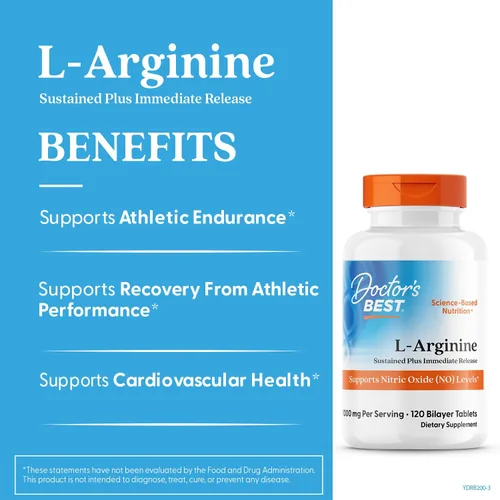 Vista 2 de Doctor's Best Suplemento de arginina L para hombres y mujeres – L-Arginina 1000 mg por porción, apoya los niveles de óxido nítrico (NO), liberación