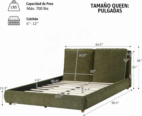 Vista 2 de Merax Cama de plataforma tapizada de tela Boucle tamaño Queen con dos cabeceras de almohada extraíbles, marco de cama de madera con patas redondas