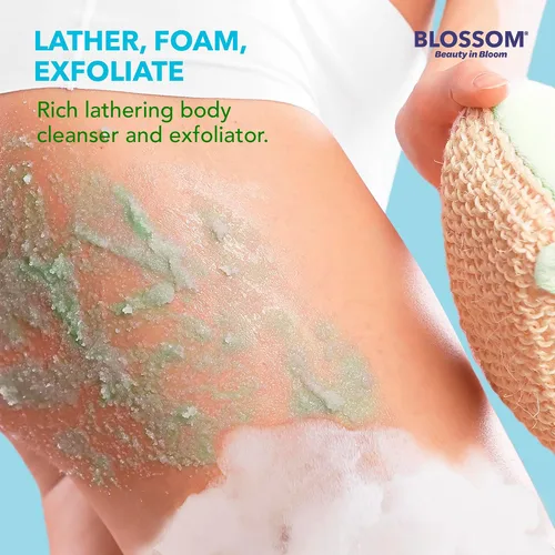 Vista 3 de Blossom Capa de espuma perfumada brillante de lujo, exfoliante corporal con vitamina C iluminadora para la piel, sin crueldad, 10.1 fl oz, melocotón