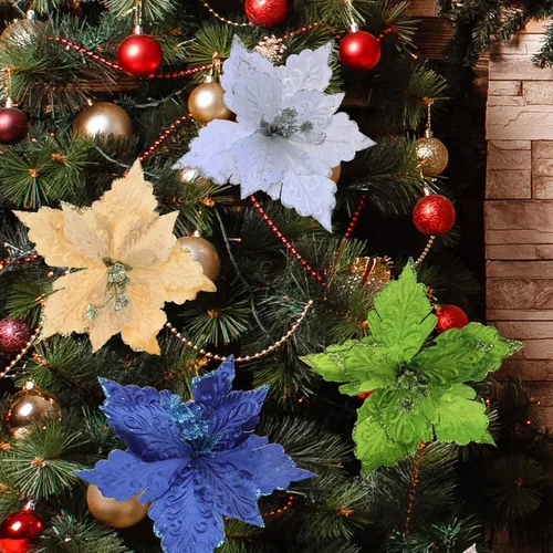 Vista 5 de 6 adornos para árbol de Navidad de Pascua con purpurina, flores artificiales de Navidad, accesorios florales con tallo, flores de franela sintética