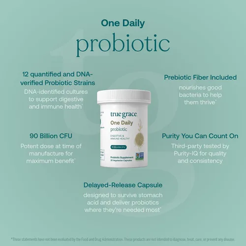 Vista 3 de True Grace One Daily Probiotic - 30 cápsulas vegetarianas - 90 mil millones de UFC - Mezcla de apoyo para la salud intestinal, digestiva e