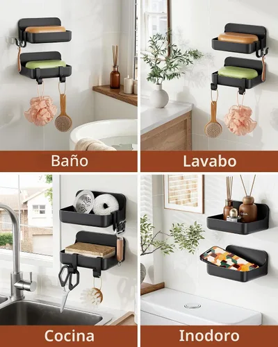 Vista 7 de Orimade Jabonera de montaje en pared con 4 ganchos, jabonera transparente autoadhesiva sin taladrar para ducha y baño, drenaje rápido a prueba