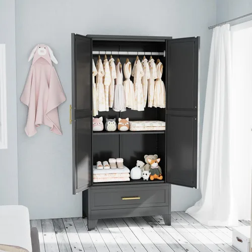 Vista 11 de PAOFIN Armario de metal negro de 71 pulgadas, armario de almacenamiento de ropa para dormitorio con 2 cajones y barra para colgar, armario