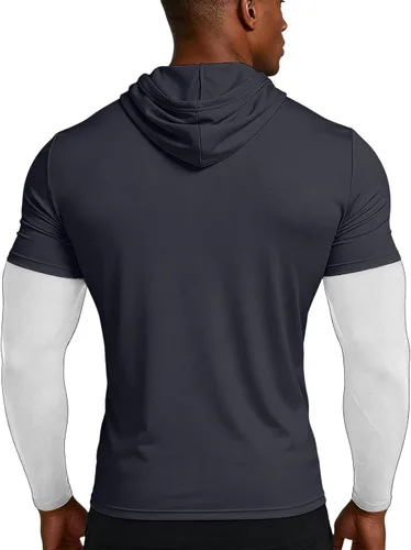 Vista 6 de Sudadera con capucha de secado rápido para hombre, manga larga, falsa de dos piezas, color sólido, camiseta atlética para entrenamiento y fitness