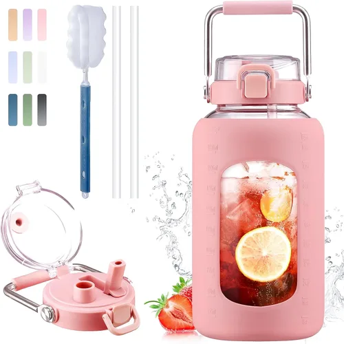 Vista 32 de BLUEGO Botella de agua de vidrio de 64 onzas con mango de acero inoxidable, botella de agua grande con marcadores de tiempo y funda de silicona Ámbar