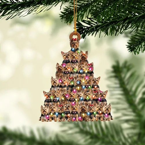 Vista 6 de Talataca Adorno Colgante de Perro Yorkshire Terrier con Sombrero Corona de Yorkie Amante de Perros Adorno Plano 2D de Árbol de Navidad en Madera