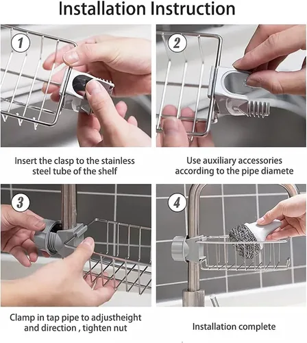 Vista 5 de Estante para grifo de acero inoxidable, tipo colgante, adecuado para fregadero de cocina, estante de almacenamiento para fregadero de baño, se puede