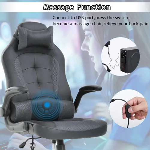 Vista 3 de Silla de oficina ergonómica de piel sintética con reposacabezas y reposacabezas para juegos de masaje, silla de oficina de carreras de PC, silla Gris