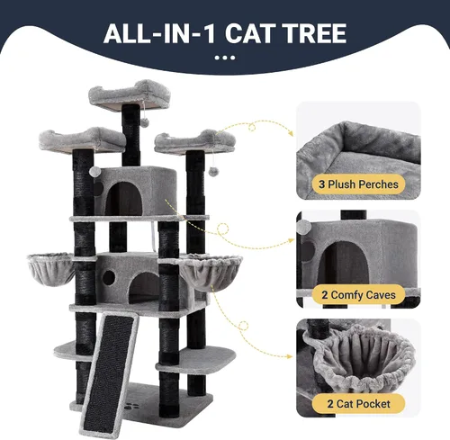 Vista 6 de Allewie Árbol de gato de 68 pulgadas/casa y torres para felinos grandes/poste rascador/árbol de escalada grande de varios niveles