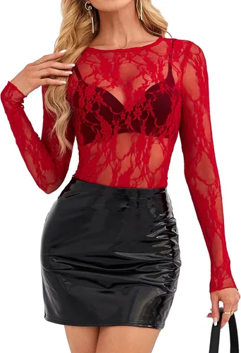 Vista 7 de OFEEFAN - Blusas de malla para mujer con manga larga y encaje, camisetas de cuello redondo ajustadas y transparentes Champán