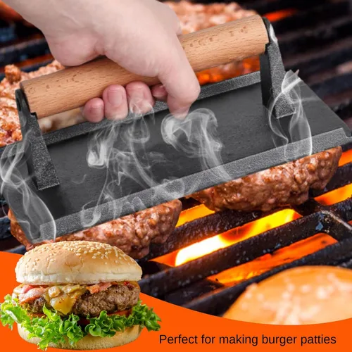Vista 4 de onlyfire Prensa para carne de hierro fundido con mango de madera, ideal para exprimir la grasa de carnes, aplanar tocino, paninis y hamburguesas