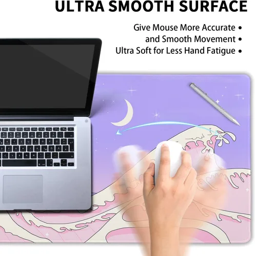Vista 4 de Alfombrilla de mouse rosa y morada japonesa de anime Kawaii XL, linda estética de olas marinas, alfombrilla de escritorio grande extendida, base