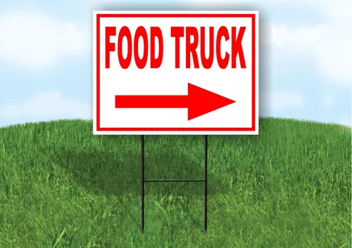 Vista 2 de FOOD TRUCKS LEFT arrow red - Letrero de camino de patio de una sola cara con soporte
