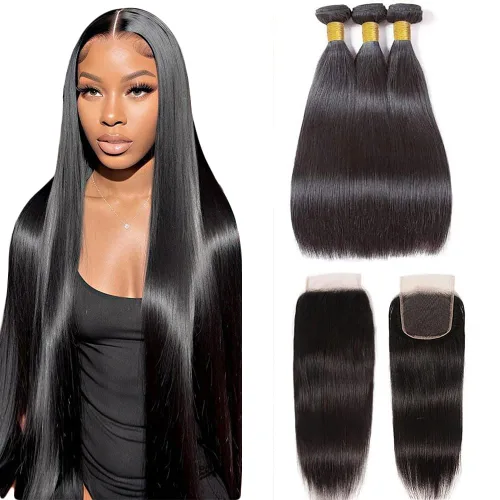 Vista 8 de Extensiones de pelo lacio 10A, paquetes de cabello humano 10 12 14 pulgadas, 100% cabello humano brasileño virgen sin procesar, tejido de pelo Negro