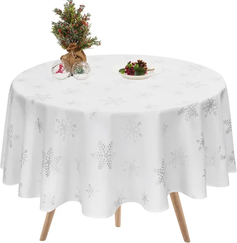 Vista 9 de Mantel de Navidad, mantel de copo de nieve gris y blanco, mantel impermeable de Navidad gris para comedor, cocina, vacaciones de invierno, funda