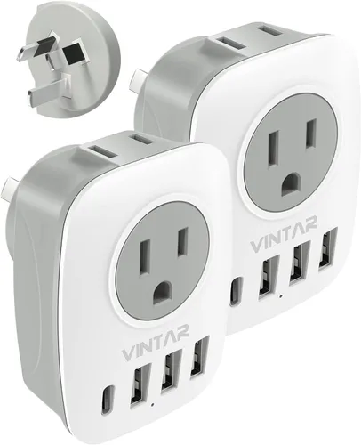 Vista 14 de Paquete de 2 adaptadores de enchufe de Sudáfrica, adaptador de enchufe VINTAR tipo M con 1 USB C, 3 puertos USB y 2 enchufes estadounidenses