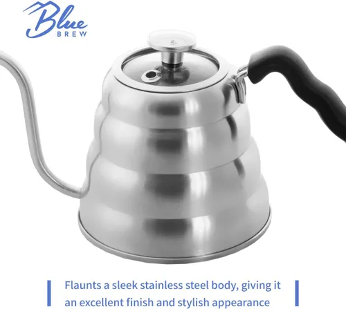 Vista 8 de Blue Brew Estufa de cuello de cisne, tetera con termómetro, cafetera de 40 onzas para café y té, hervidor de café de acero inoxidable, compatible