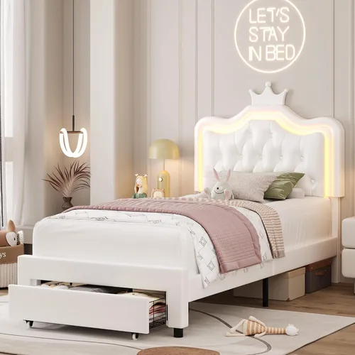 Vista 10 de Marco de Cama LED Tapizada Tamaño Twin con Cajón de Almacenamiento, Cama de Plataforma de Princesa de Cuero con Cabecera de Corona con Botones