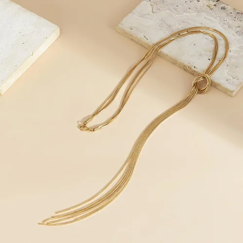 Vista 6 de Aonklot Collar largo de Lariat para mujer, collar de cadena de serpiente plateada de oro, collar largo con colgante en Y, collar de espiga larga
