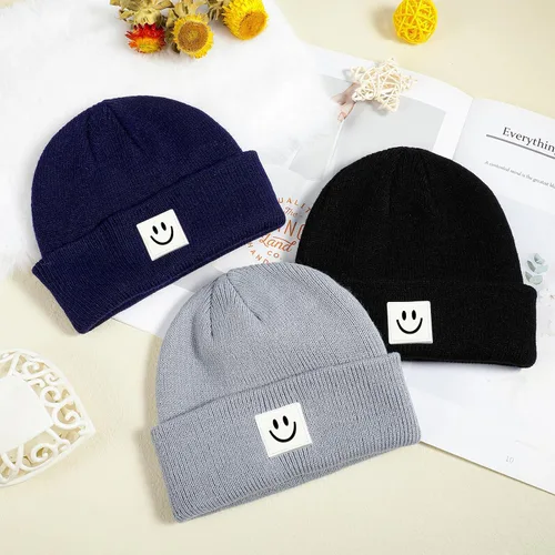 Vista 4 de Gorro de punto con cara sonriente para bebé, 3 unidades, para niños pequeños, gorro de invierno suave bordado con cara sonriente