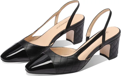 Vista 2 de Vaslemuse Tacones delgados para mujer, tacón bajo cerrado, punta redonda, tacones de bloque, tacones gruesos de dos tonos, sandalias de novia