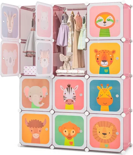 Vista 12 de Costzon Armario para Niños, Organizador de Almacenamiento Modular de Tocador de Dibujos Animados DIY con 12 Cubos y 2 Percheros para Colgar Ropa