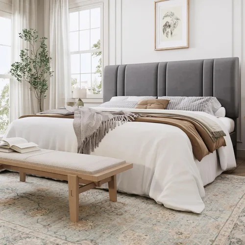 Vista 21 de SHA CERLIN Base de cama de plataforma de tamaño completo, cama tapizada de terciopelo con cabecera ajustable, diseño capitoné de canal vertical