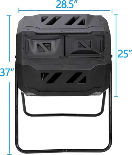 Vista 5 de Contenedor de compostaje para exteriores con doble cámara, giratorio de 43 galones, con puertas correderas y marco de acero, sin BPA, para jardín