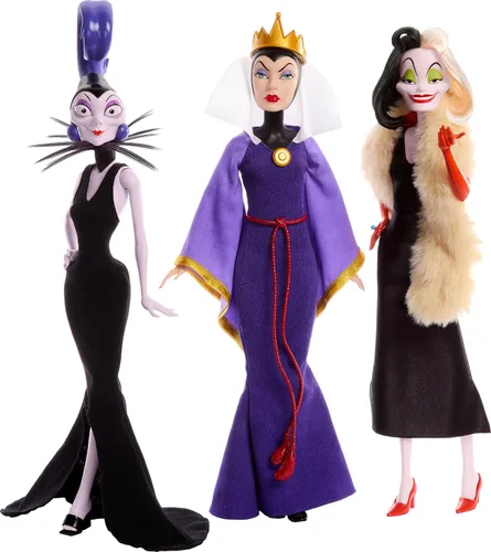 Vista 5 de Mattel Juguetes de Princesas Disney, Pack Múltiple de Villanas con Muñecas de Moda de la Reina Malvada, Cruella de Vil y Yzma, Colección