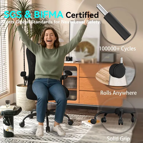 Vista 5 de Silla de escritorio de oficina con soporte lumbar ergonómico, cojín de asiento extra grueso, brazos abatibles, respaldo de malla transpirable, silla