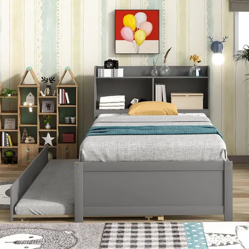 Vista 3 de Harper & Bright Designs Cama de plataforma individual con nido y estantería, marco de cama de madera con cabecero, sofá cama con soporte de listones