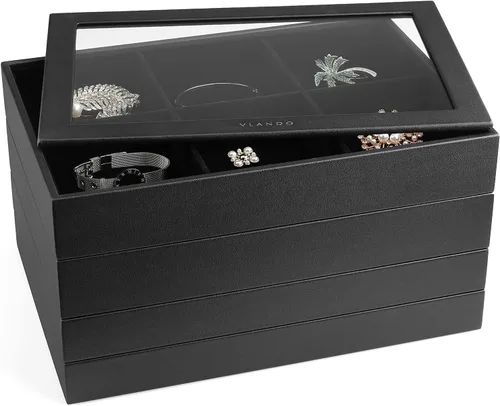 Vista 8 de Vlando Bandeja de joyería, caja organizadora de joyas apilable para cajón, aparador de armario, collar, aretes, anillos, pulseras para mujeres