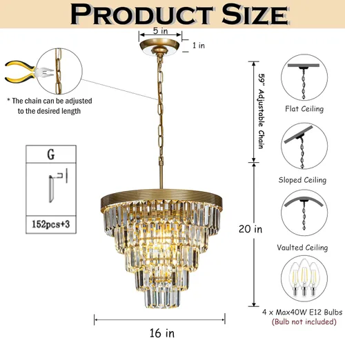 Vista 3 de ALOADECOR Candelabro de cristal de 5 niveles con forma de cono glamoroso de 4 luces, de 16 pulgadas, color dorado suave, ajustable, contemporáneo