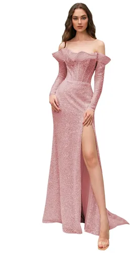 Vista 5 de HANVAIOS Vestido de fiesta de sirena con abertura de manga larga con lentejuelas y hombros descubiertos, vestido de noche brillante con corsé