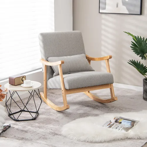 Vista 2 de Giantex Mecedora tapizada – Moderna mecedora con marco de madera de goma, cómodo respaldo y asiento, almohada acolchada de polipropileno, mecedora