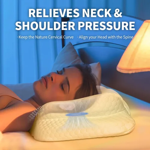 Vista 2 de Almohada cervical cervical de espuma viscoelástica, forma ergonómica de mariposa con orificio central de flujo de aire y ventilación