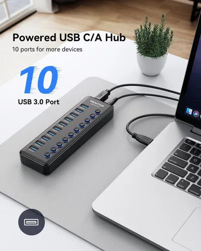 Vista 3 de Wenter Hub USB alimentado, concentrador divisor USB de 10 puertos 3.0 con interruptores LED individuales de encendido/apagado y adaptador USB A-C