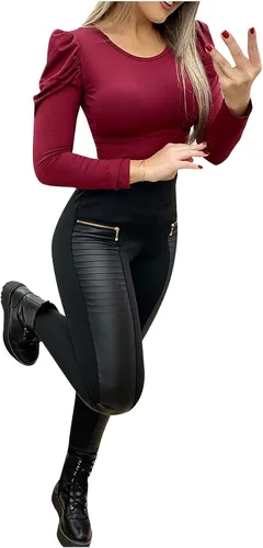 Vista 2 de Pantalones de cuero para mujer, pantalones de pierna ancha, pantalones de contraste, diseño de cuero, pantalones de cintura alta con cremallera