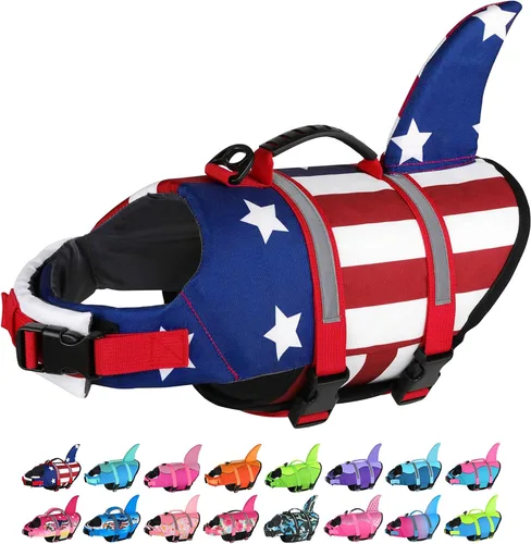 Vista 15 de Dogcheer - Chaleco salvavidas para perros, lindo diseño de tiburón para natación y navegación con flotabilidad superior y asa de rescate, chaleco