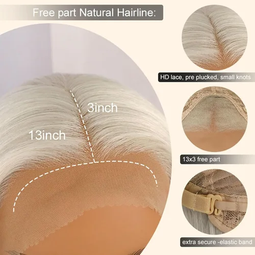 Vista 7 de Lovestory Peluca de encaje frontal larga y recta color blanco platino, predepilada, rubio platino, pelucas de encaje frontal sintético para mujeres