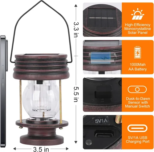 Vista 2 de Faroles solares colgantes para exteriores, decoración de patio, doble carga solar y USB, sensor de luz ajustable, lámpara de mesa decorativa retro