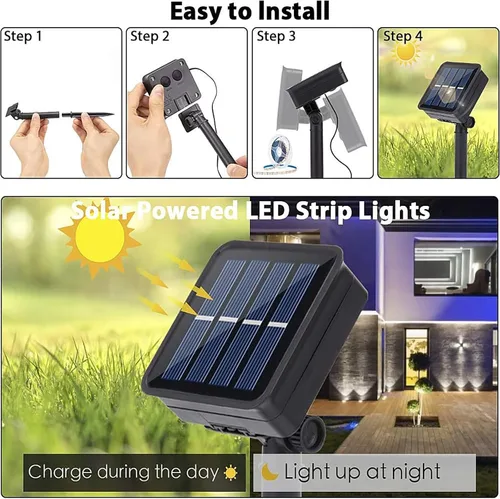 Vista 2 de Tira de luces LED solares para exteriores, impermeable, 10 pies, cinta cortable, iluminación de 3000 K, blanco cálido con 8 modos para valla