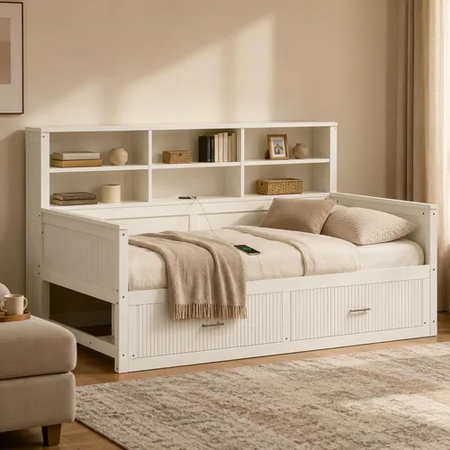 Vista 19 de VilroCaz Cama de sofá de tamaño individual de madera con estantes de almacenamiento y escritorio de estudio, estructura de cama de día Blanco