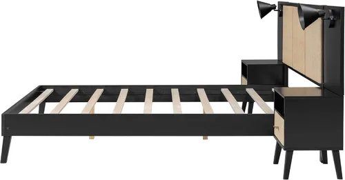 Vista 6 de Harper & Bright Designs Cama de plataforma tamaño Queen con 2 mesitas de noche y 2 lámparas, cama Queen de madera con cabecero, combinación de ratán