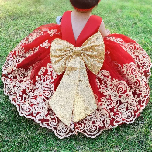 Vista 7 de 0-6T - Vestido de tutú de encaje bordado con lentejuelas y lazo grande para fiestas de bebé y niñas pequeñas con tocado