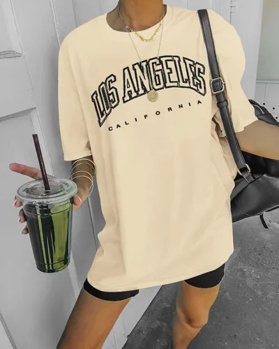 Vista 2 de Dressmine Camisetas de gran tamaño para mujer, de Los Ángeles, California, cuello redondo, media manga, camisetas gráficas casuales