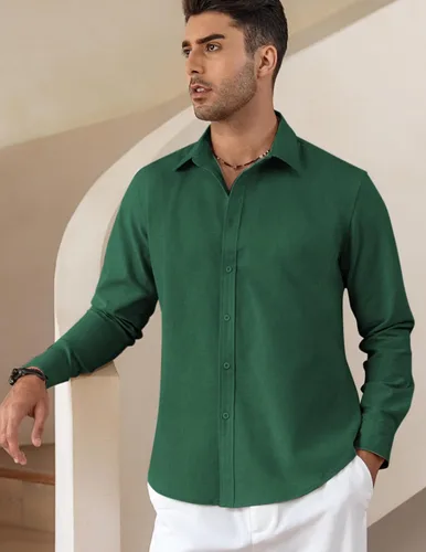Vista 2 de COOFANDY Camisas de lino de manga larga con botones para hombre