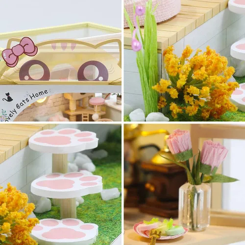 Vista 5 de Cat Cafe - Kit de casa de muñecas en miniatura de madera para mascotas, gatos, cafetería, accesorios de modelo de construcción con muebles, caja