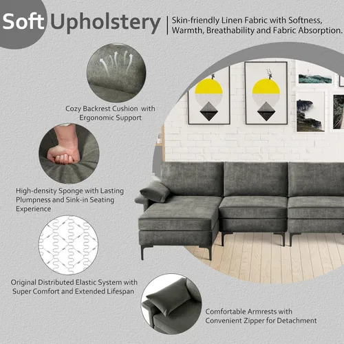 Vista 4 de KOMFOTT Sofá modular convertible extragrande de 130.5 pulgadas, sofá modular de 4 asientos en forma de L con diván reversible, salidas de 3 agujeros