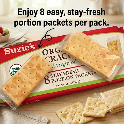 Vista 4 de Galletas Saladas Orgánicas Suzie's, Romero y Sésamo, Bocadillos Horneados Gourmet Saludables para Adultos y Niños - Paquete de 6, 8.8 oz Cada Una